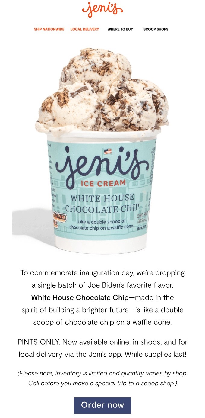 new product email from Jeni's