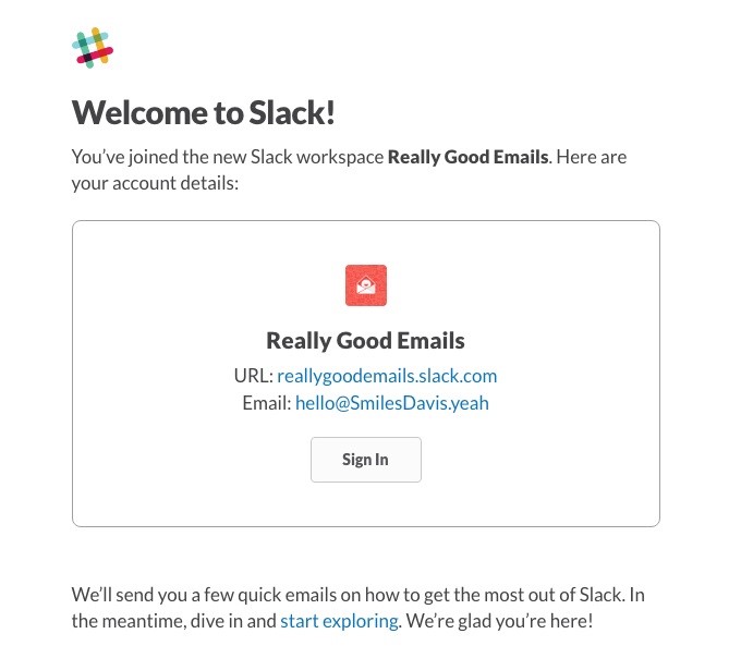 welcome email from Slack 